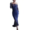 Elegant Dark Navy High Low Mermaid Prom Dresses Bateau Neck Long Sleeve Special Occasion Gowns Lace Satin Evening Dresses For Women Girls