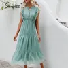 Summer Loose Casual Ruffled Women's Dress Holiday Beach Green Buttoned Long Dress Elegant Lady Sleeveless Vestidos 220511