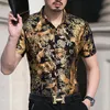 Men's Casual Shirts Gold Bronzing Silk For Mens Club Dress Unusual Clothes Luxury Large Size Stretch Flowers Blouse Holiday DressMen's
