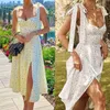 Été Printemps Floral Robe Femmes Sexy Casual Mode Robe D'été Midi Slip Dos Nu Plissée Fente Blanc Jaune À Lacets Fleurs 220630