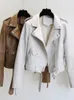 Women's Leather & Faux Ftlzz Spring Autumn Women Jacket Slim Streetwear Khaki Coat Biker Moto With Belt Female OuterwearWomen's