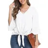 Women's Blouses & Shirts Casual Half Sleeve V Neck Loose Women Elegant Button Tie Bow Oversize Boho Floral Print Tops Summer TunicWomen's