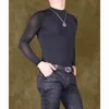 Men's T-Shirts Men Body Leisure Thin T Shirts Sexy Black Bodysuits Modal Ice Silk Perspective Transparent Small High-Necked Long Sleeve Shir