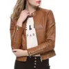 2021 Fashion Women elegant Zipper Faux Leather Riker Jacket in Brown Black Slim Ladies Coat Coat Disual Motorcycle Leather Coat L220728