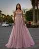 Abiti da ballo rosa a-line Sexy senza spalline senza maniche con spalle scoperte Paillettes con applicazioni di pizzo Increspature Raso Plus Size Abiti da festa formale di lusso Custom Made