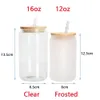 US Stock 12oz 16oz Sublimation Glass Beer Mugs with Bamboo Lid Straw DIY Frosted Clear Drinking Utensil Coffee Wine Milk Beer Juice Cold Drinkware 2 Days Delivery