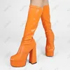 Rontic Handmade Women Spring Mid Calf Boots Slip On Chunky Heels Square Toe Gorgeous Blue Orange Green Party Shoes US Size 4-13