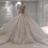 2022 Immagine reale Vintage collo alto vedere attraverso abito da ballo abiti da sposa di lusso appliqued in pizzo Plus Size abito da sposa Dubai con strascico della cattedrale