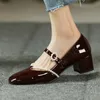 Modekleding schoenen Franse stijl pompen Pumps vrouwelijk wijnrode vierkante teen vintage dikke hiel Pearl Mary Jane dames hoge hakken