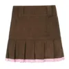 Jupes marron velours côtelé plissé femmes Vintage années 90 esthétique école fille Mini jupe dentelle ourlet mignon Kawaii jupes à linge