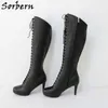 Botas Sorbern Matt hasta la rodilla, tacones de aguja para mujer, botas rizadas con cordones, botas de baile para travestis Sissy, botas de baile personalizadas de corte ancho