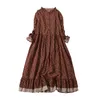 Japanisches Mori-Mädchen-Kunstdruck-Kleid, hübsches Baumwoll-Leinen-Frühlings-Frauen-Blumen-loses, langärmliges Midi-Kleid 220601