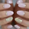 False Nails Golden Glitter 간단한 디자인 아몬드 중간 쇼트 풀 커버 아트 젤 사랑스러운 손톱 echiq