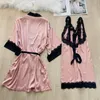 Women's Sleepwear Drilling Women Robe Set Sexy Satin Silk Kimono Bathrobe Gown Soft Nightgown 2022 Nightdress Homewear