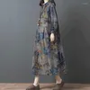 エスニック服レトロな中国スタイル印刷ヴィンテージファム女性秋の冬のドレス2022ロングルーズコットンリネンドレス11842ethnic