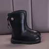 Botas Crianças Inverno Pêlo Branco Quente Preto Couro Pu Meia panturrilha Bico Redondo Estilo Conciso Fivela Antiderrapante Moda Bota Feminina