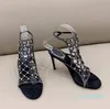 Mode-cristaux Sandales cage Chaussures pour femmes romaines cristal diamant décoratif incrusté de talons creux sandales à bout ouvert Dîner robe chaussure
