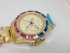 Fashion Square Rainbow Diamond Bezel Steel Band Mechanical Man Watch Automatisk rostfritt vaktsida Green Dial Watch 154