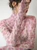 Yedinas Floral Mesh Top Long Sleeve T Shirt Women Turtleneck Se genom Tshirt Y2K Fashion Spring Autumn Tees 220527