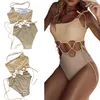 Costumi da bagno da donna Donna Monospalla Beige Patchwork Scava fuori Costume da bagno intero con allacciatura S/ M/ L