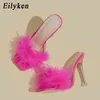 Eilyken New Pvc Shoes Woman Feather Transparent High Heels Fur Pumps Slippers Women Square Toe Mules Lady Slides