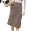 Flectit Fall Winter Ciepły Wełniany Houndstooth Wysoka Talia Ołówek Midi Spódnica Szczupła Długość Kolana Powrót Split Prace Plus Rozmiar S-XXL 220401