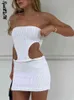 Strapless Knit Bodycon Dress Beach Mulheres White Hollow Out 2022 Verão Sem Mangas Mini Party Vestidos Sexy Y2K Backless Outfits Y220413