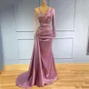 2022 Light Purple Mermaid Evening Dresses Wear Sheer V Neck Crystal Beaded Long Sleeves Formal Prom Party Second Reception Special Occasion Gowns