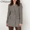 cnlalaxury 여자 사무실 착용 이중 가슴 격자 무늬 블레이저 코트 빈티지 긴 슬리브 포켓 여성 재킷 겉옷 세련된 탑 220726