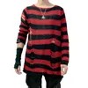 Men's Sweaters Punk Gothic Cool Male Striped Long Sweater Man Stretch Thin Pullover Broken Hollow Out Slit Spring KnitTopMen's