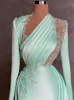 Mint Green Side Split Prom Dresses Appliques Pleats Long Sleeve Evening Dress Custom Made Sweep Train Women Formal Celebrity Party Gown