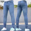 Mensbyxor Pure Color Stretch Jeans Casual Slim Fit Work Byxor Male Vintage Wash Plus Size Pencil Skinny For Men 220408278P