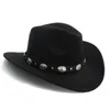 Berets Men Wool Western Cowboy Hat for Womem Roll Up Brim Cowgirl Jazz Cap ze skórzaną Fedora Toca Sombrero Capberets