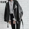 Alta qualidade Spring Black PU Leatra de colar de zíper larga solta Moda nova jaqueta selvagem feminina T200212