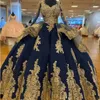 Principessa blu navy abiti quinceanera maniche lunghe applique oro perline abito dolce 16 abiti da spettacolo abiti da 15 a￱os