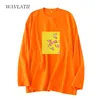Wavlatii Lady 100%면 긴 소매 티셔츠 여성 오렌지 인쇄 캐주얼 티 탑 가을 봄 WLT2122 220511