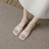 Meotina Women Highine Leather Canle Strap Sandals Mid Heel Shoes Buckle Square Toe Square Heel Ladies Shoes Summer Apricot J220527