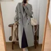 Kadın Yün Karışımları Yünlü Ceket Orta Uzunlukta Kore Moda Stili Gri Düzenli Basit Basit Gevşek Kollu Düğme Çift Göğüslü Bayanlar Şık Overcoa