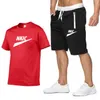 Nieuwe mannen Trainingspak Casual T-shirt Shorts Pak 2 Stuk Elastische Strand Shorts Effen kleur Print Sweatshirt mannen Sport Merk LOGO Print