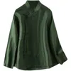 エスニック服濃い緑の中国の襟長袖スタイルシャツ女性チョンサムトップタンスーツヴィンテージファム