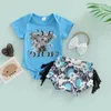 Summer Infant Baby Girls Set Kids Letters Deer Print Short Sleeve rompers Tassels Shorts Headband 3pcs Set Children Outfits