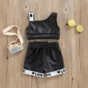 Focusnorm 0 5y Fashion Summer Girls Clothes Set 2st One Shoulder Love Letter Vest Tops Shorts With Bag Pu Leather Clothing 220620