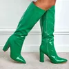 2022 Women 10.5cm High Heels Green Knee High Boots Lady Fetish Block Heels Leather Green Boots Platform Catwalk Stripper Shoes Y220729