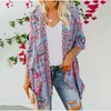 Kadın Örgüler Tees Kadınlar Gevşek Bikini Kapak-UPS Mayo Kadın Çiçek Baskı Yarım Kollu Açık Ön Güneş-Koruyucu Hırka Plaj Palto