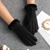 Cinq doigts gants hiver femmes cyclisme en plein air cachemire épaissir coupe-vent chaud mignon arc velours imperméable écran tactile conduite mitaines L26