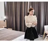 Kvinnors blusar skjortor Spring Korean Fashion Women#039; s Stand Collar Long Sleeve Puff Brodery Lace Patchwork Chiffon Ol Blouse Sh