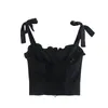 Lace-up Slim-Fitting Edible Tree Fungus Folds Summer Women Black Elastic Sling Ruffle Camisole Crop Top Zipper 220325