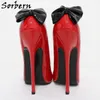 Sorbern Red Shiny Pump Women Dress Shoe With Black Bows 18Cm High Heel Special Arch Slip On Fetish Stilettos Shoe Pointed Toe Custom