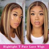 Podświetl Ombre Brown Short Bob Wig Hd T Part Lace Front Peruka wstępnie wyrzucona dla kobiet syntetycznych