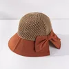 Berets Frauen Koreanischen Stil Strand Hut Atmungsaktive Gestrickte Hohl Kuppel Flachs Eimer Kappe Große Schleife Dekor Sonnenschutz Für Urlaub hutBerets